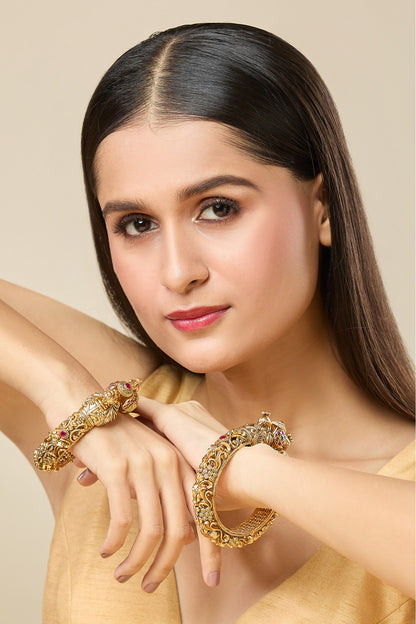 Carved Peacock Floral Bangles-Set of 2 
