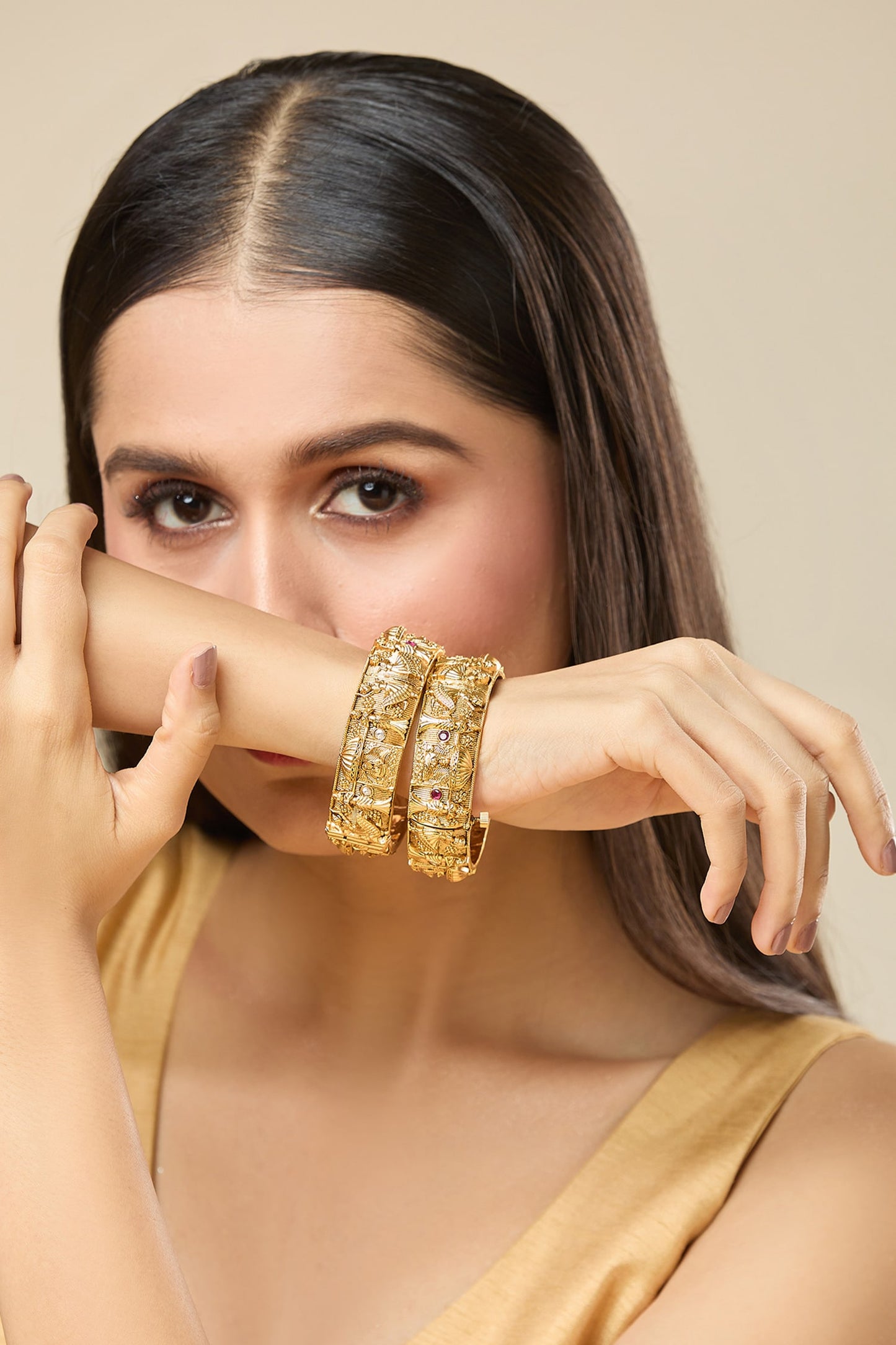 Carved Stone Embellished Bangles-Set of 2 