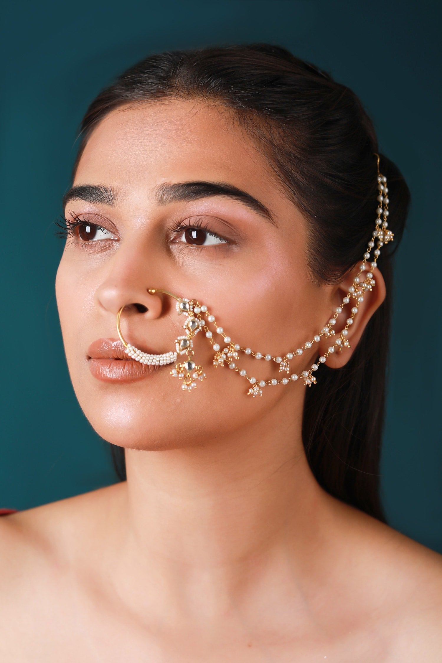 Layered Pearl Chain Nose Ring 