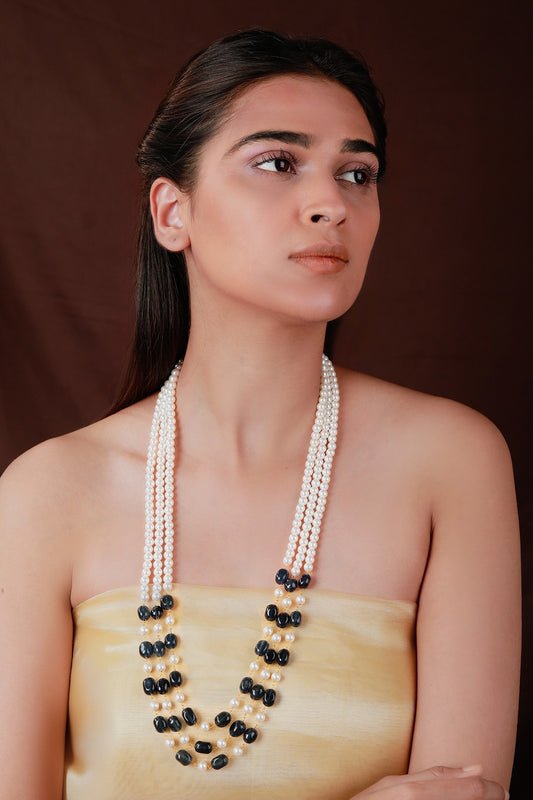 Sapphire Gemstone & Pearl Embellished Long Mala Necklace 