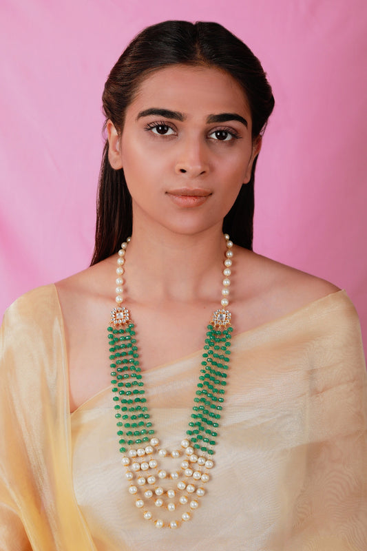 Pearl & Bead Embellished Long Layered Florin Mala Necklace 