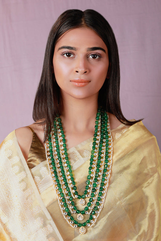 Jade Bead & Jadtar Stone Embellished Layered Long Maharani Necklace 