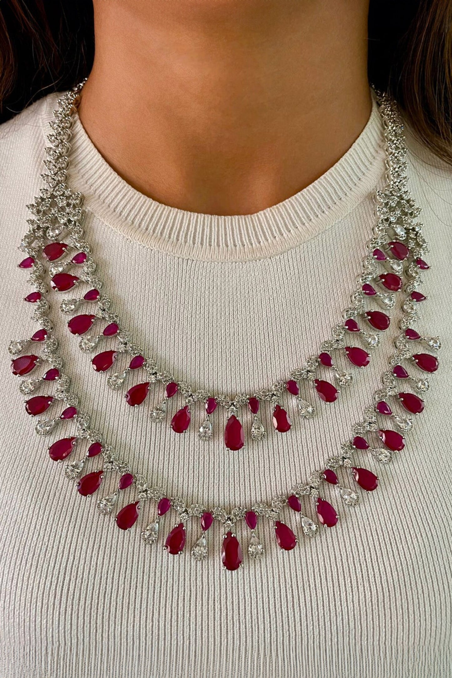 Layered Ruby Stone Tear Drop Necklace Set 