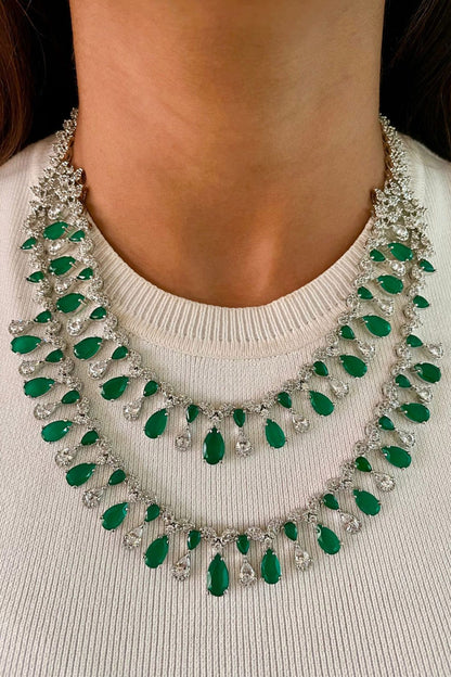 Layered Emerald Stone Tear Drop Necklace Set 