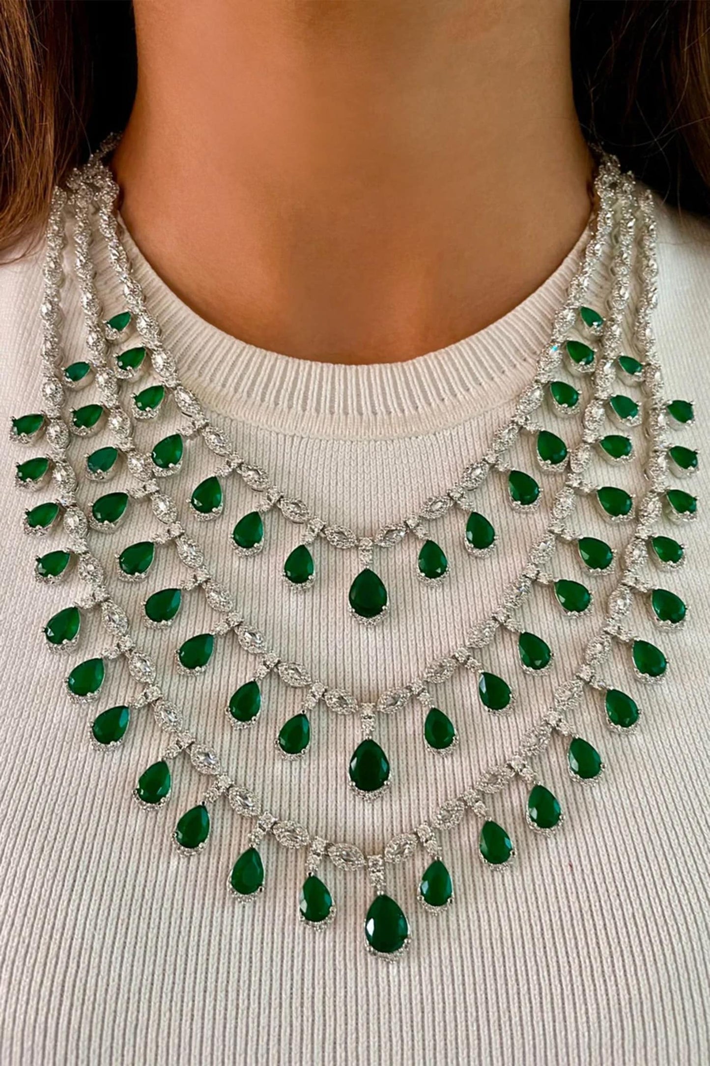 Layered Emerald Tear Drop Necklace Set 