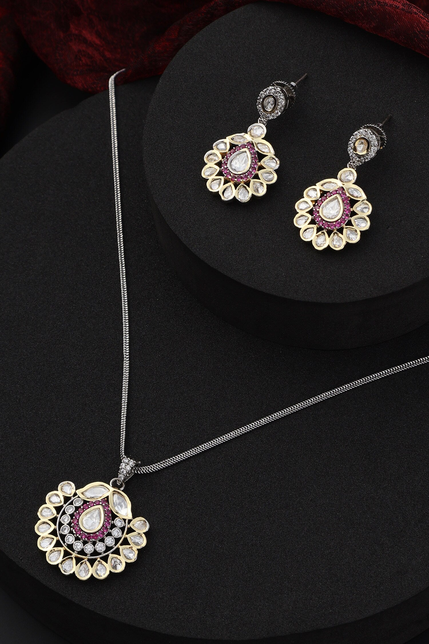 Floral Kundan Studded Pendant Necklace Set 