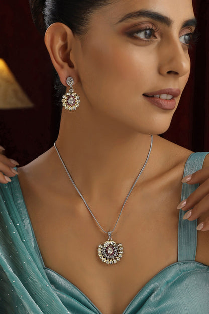 Floral Kundan Studded Pendant Necklace Set 