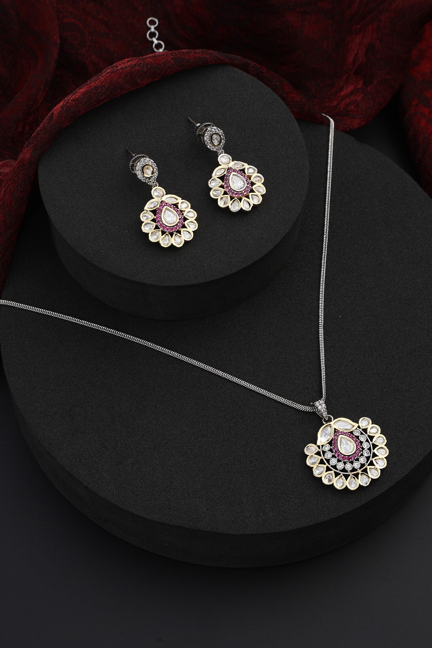 Floral Kundan Studded Pendant Necklace Set 