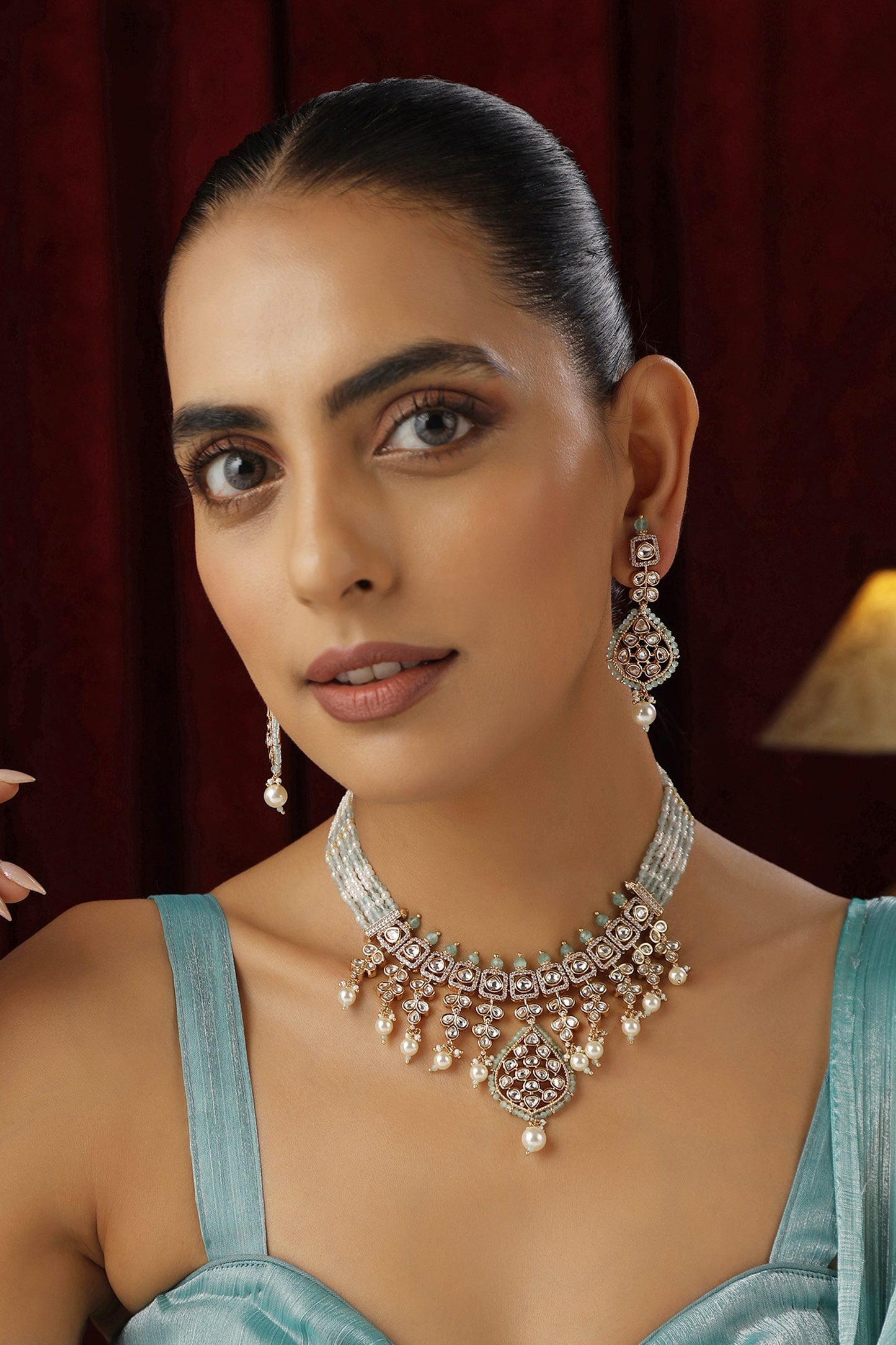 Kundan Studded Drop Vine Necklace Set 