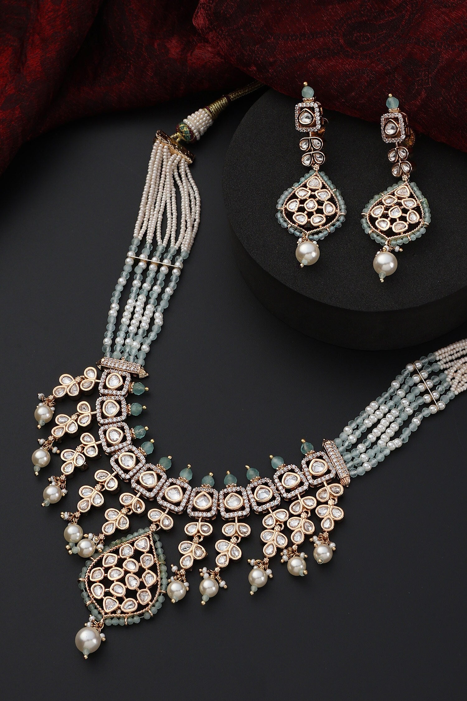Kundan Studded Drop Vine Necklace Set 