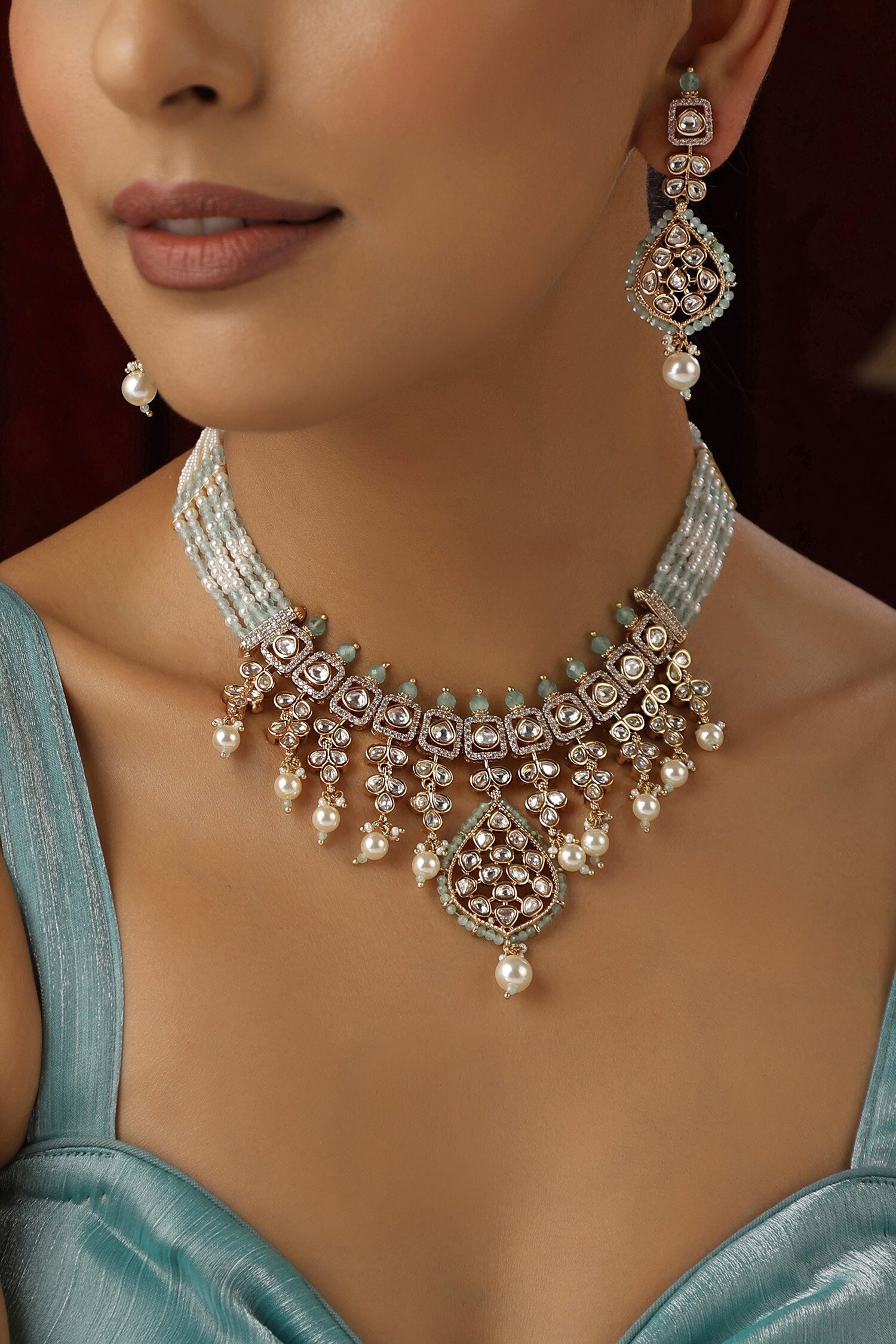 Kundan Studded Drop Vine Necklace Set 