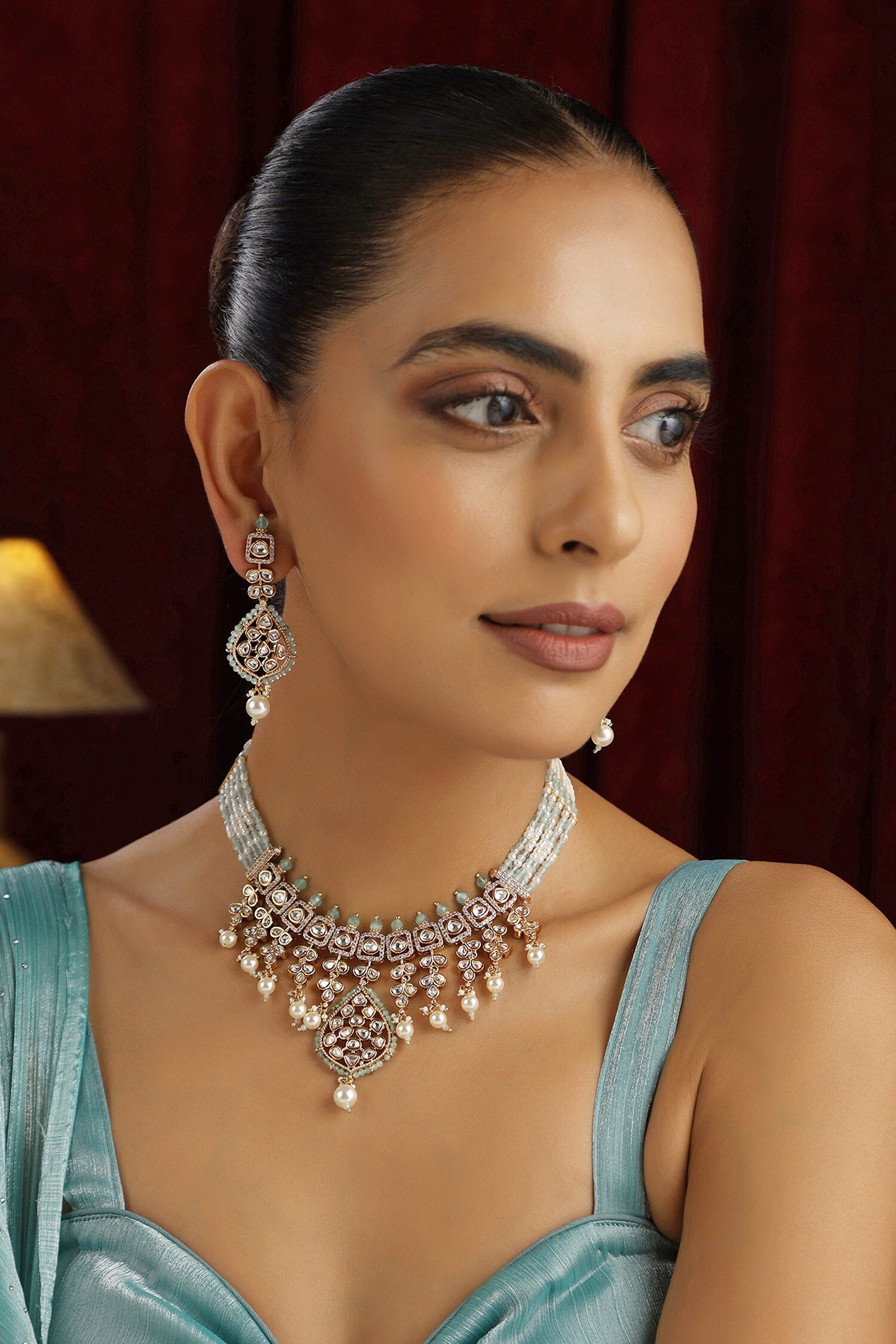 Kundan Studded Drop Vine Necklace Set 