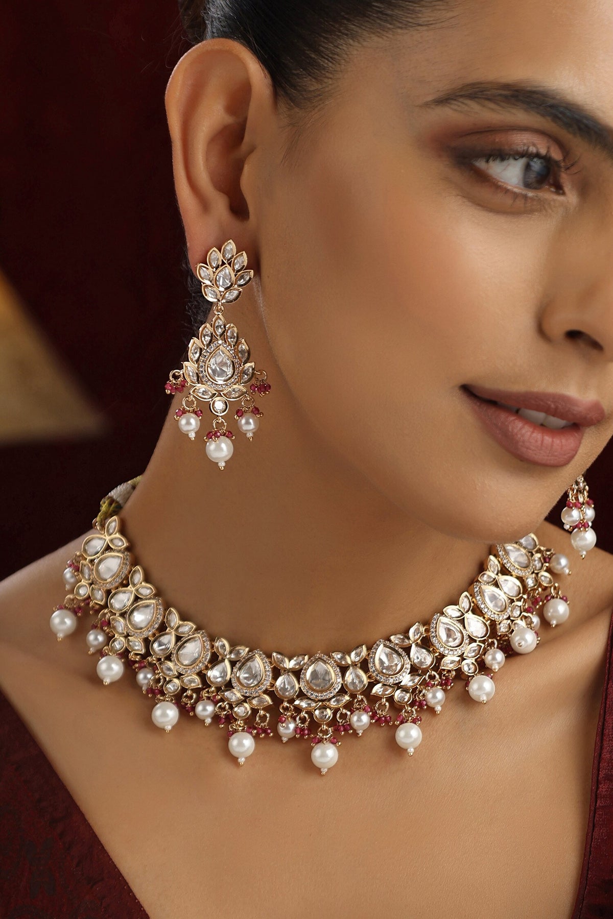 Polki Studded Drop Leaf Choker Set 