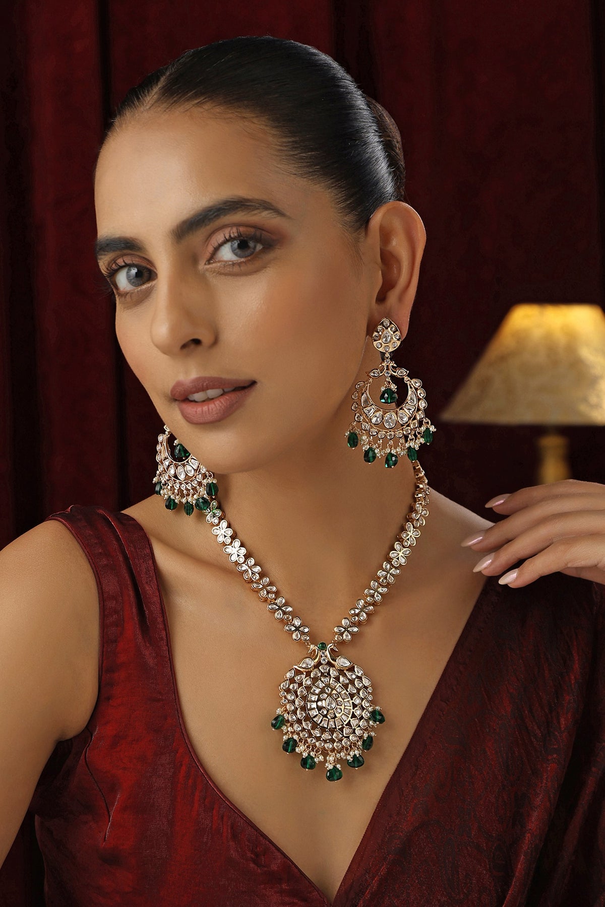 Polki Studded Blossom Drop Necklace Set 