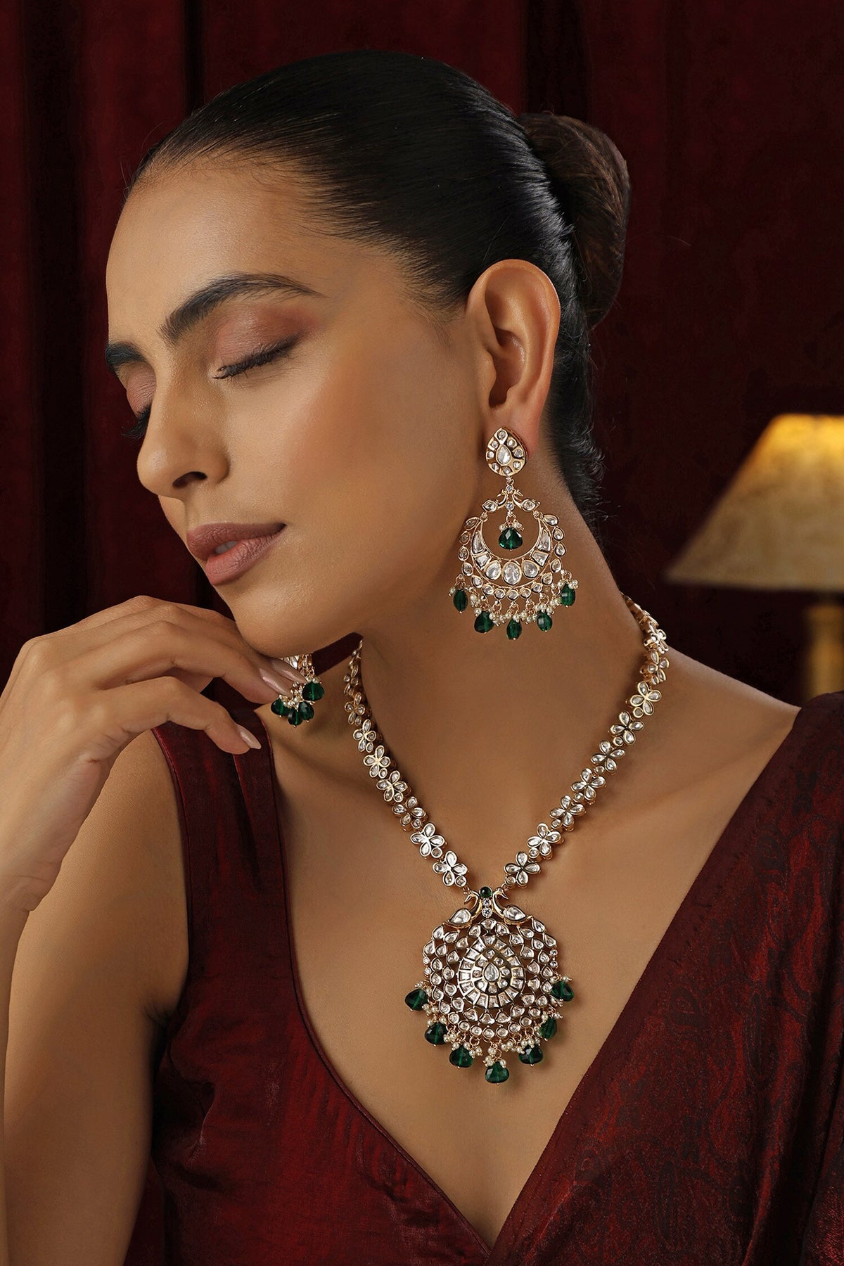 Polki Studded Blossom Drop Necklace Set 