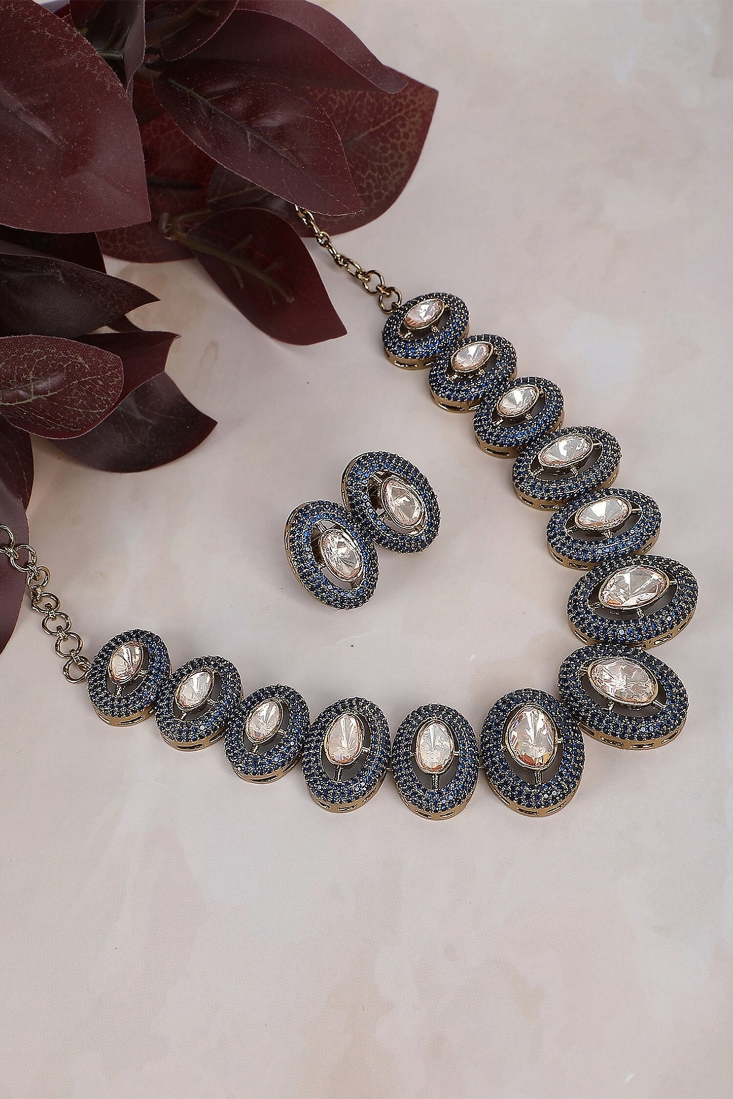 Stone Embellished Oval Necklace Set 