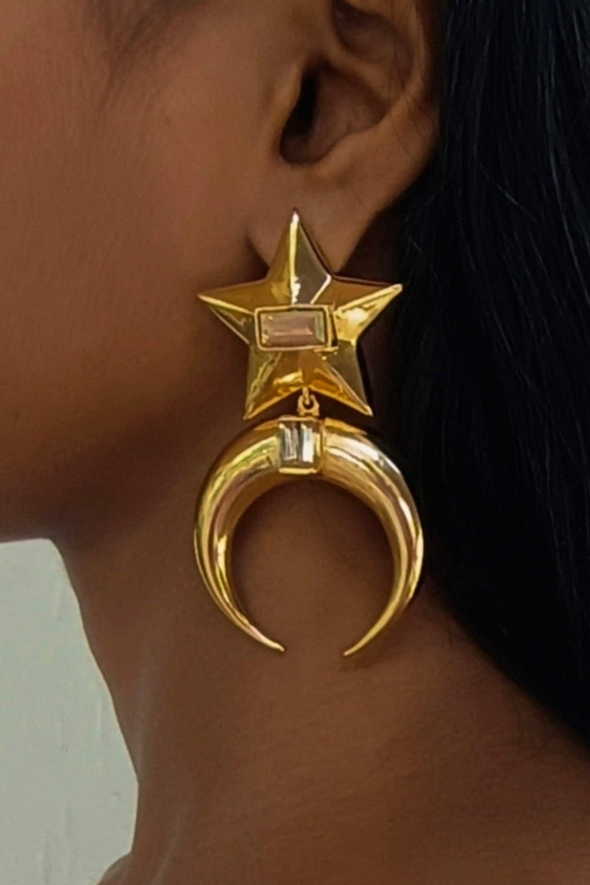 Star Moon Shaped Baguette Crystal Embellished Danglers 
