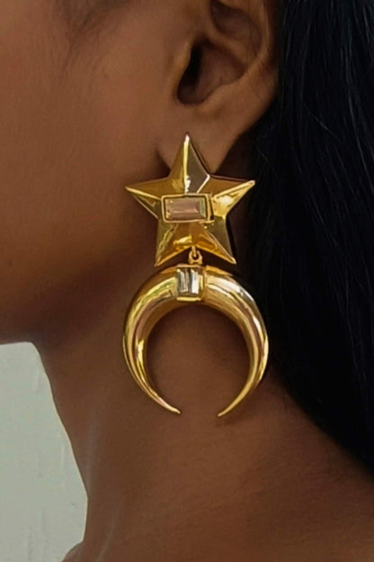 Star Moon Shaped Baguette Crystal Embellished Danglers 