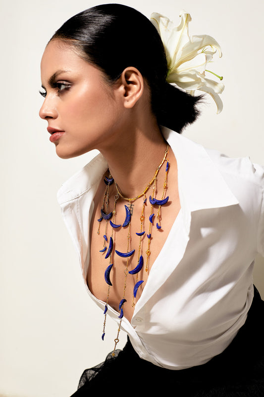Chaand Tara Lapis Lazuli Gemstone Tassel Necklace 