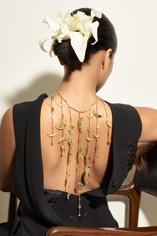 Chaand Sitara Prehnite Gemstone Tassel Necklace 