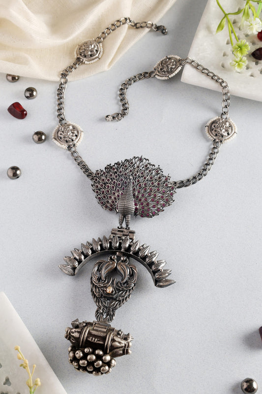 Tribal Peacock Temple Long Pendant Necklace 