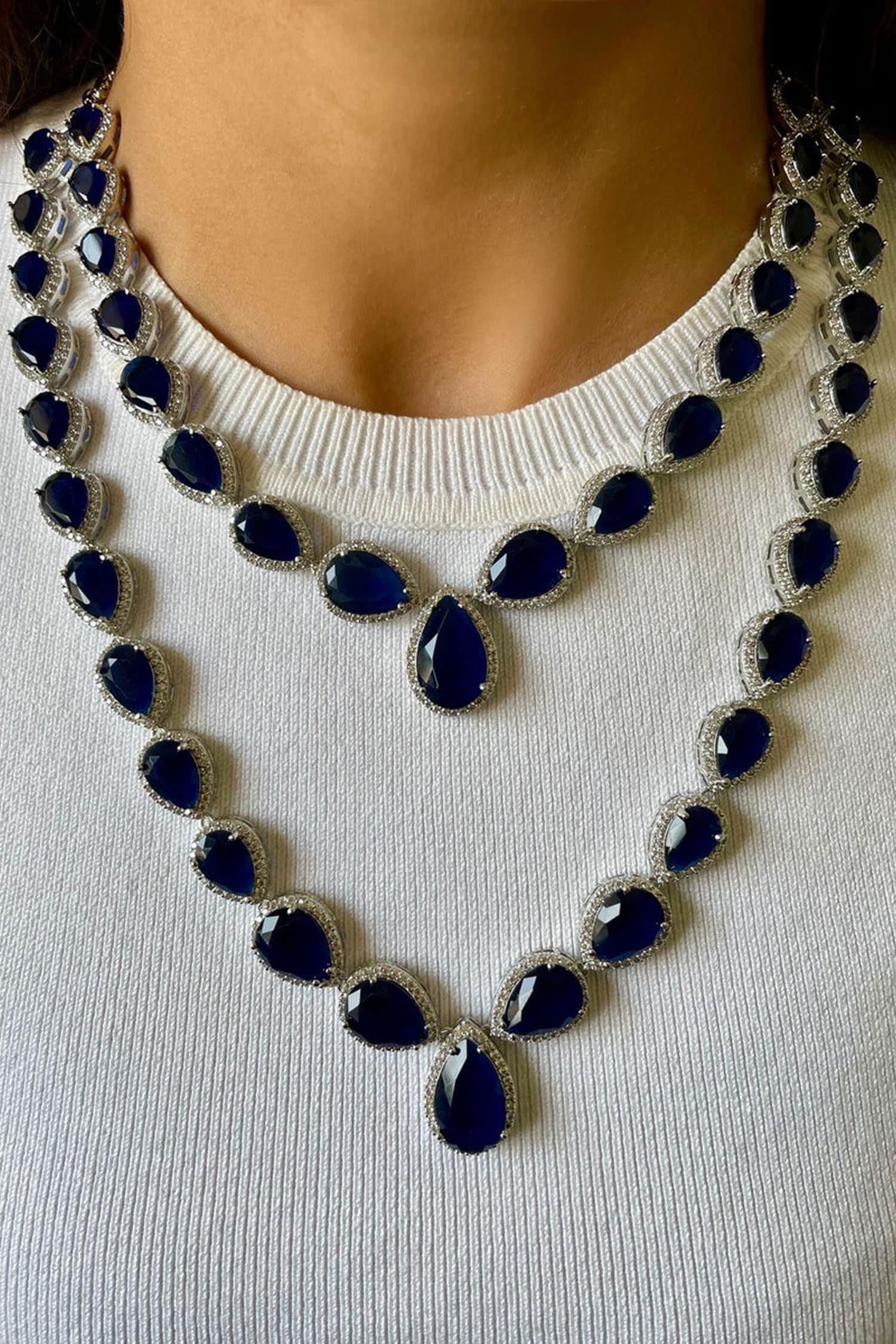 Layered Sapphire Tear Drop Necklace Set 