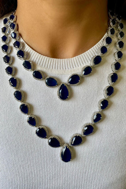 Layered Sapphire Tear Drop Necklace Set 