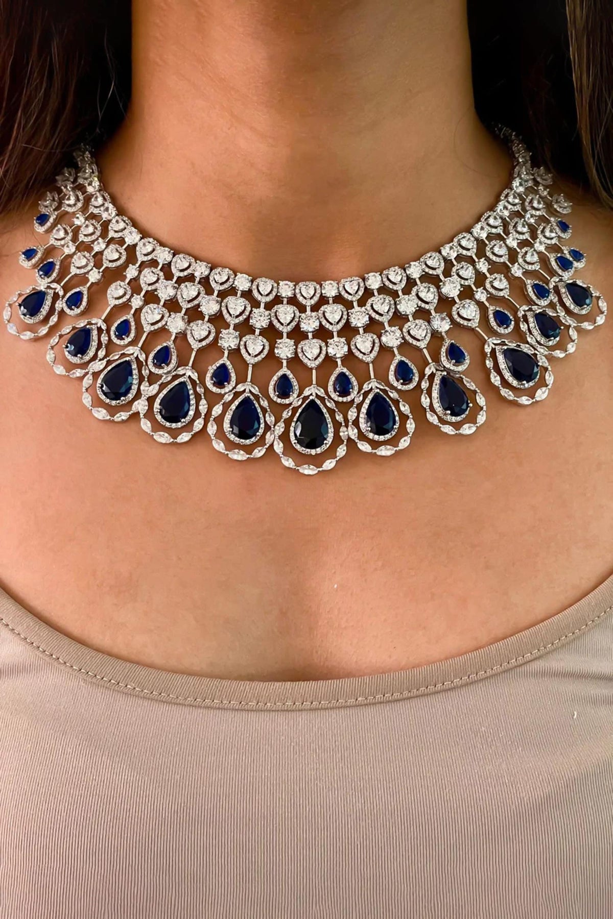 Layered Sapphire Embellished Tear Drop Necklace Set 