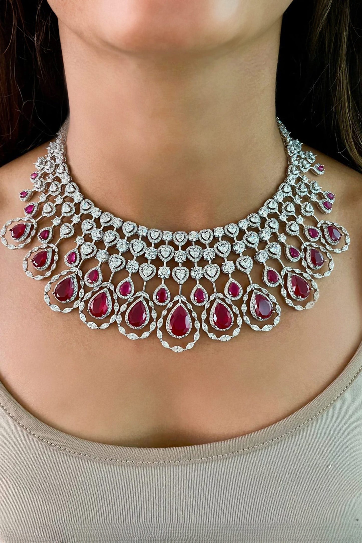 Layered Ruby Embellished Tear Drop Necklace Set 