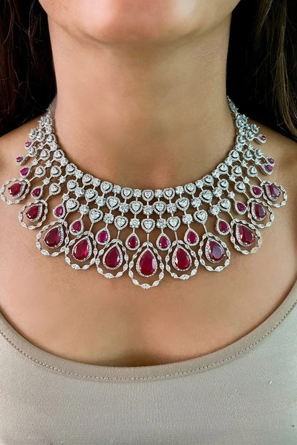 Layered Ruby Embellished Tear Drop Necklace Set 