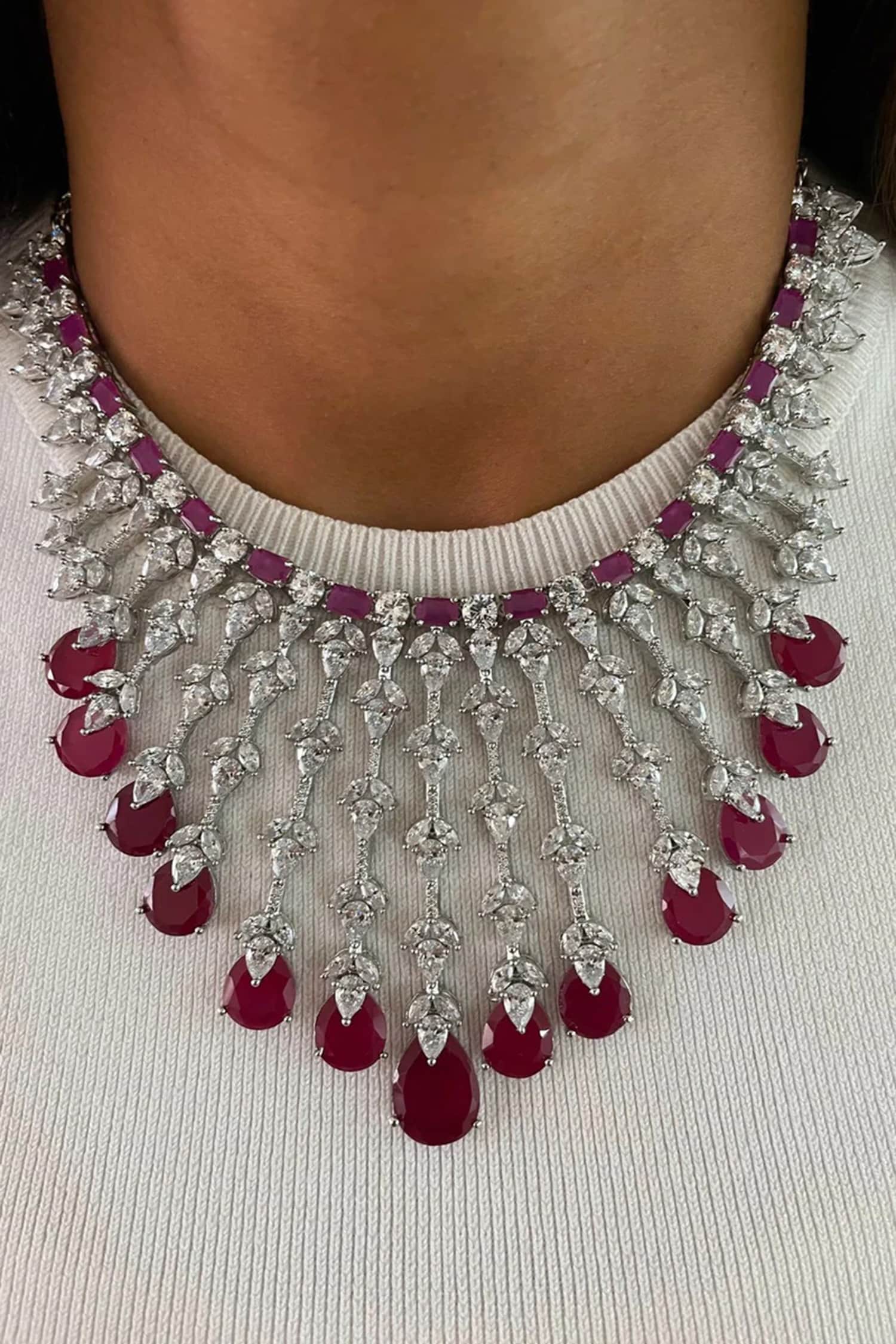 Ruby Embellished Dimonte Tulip Drops Necklace Set 