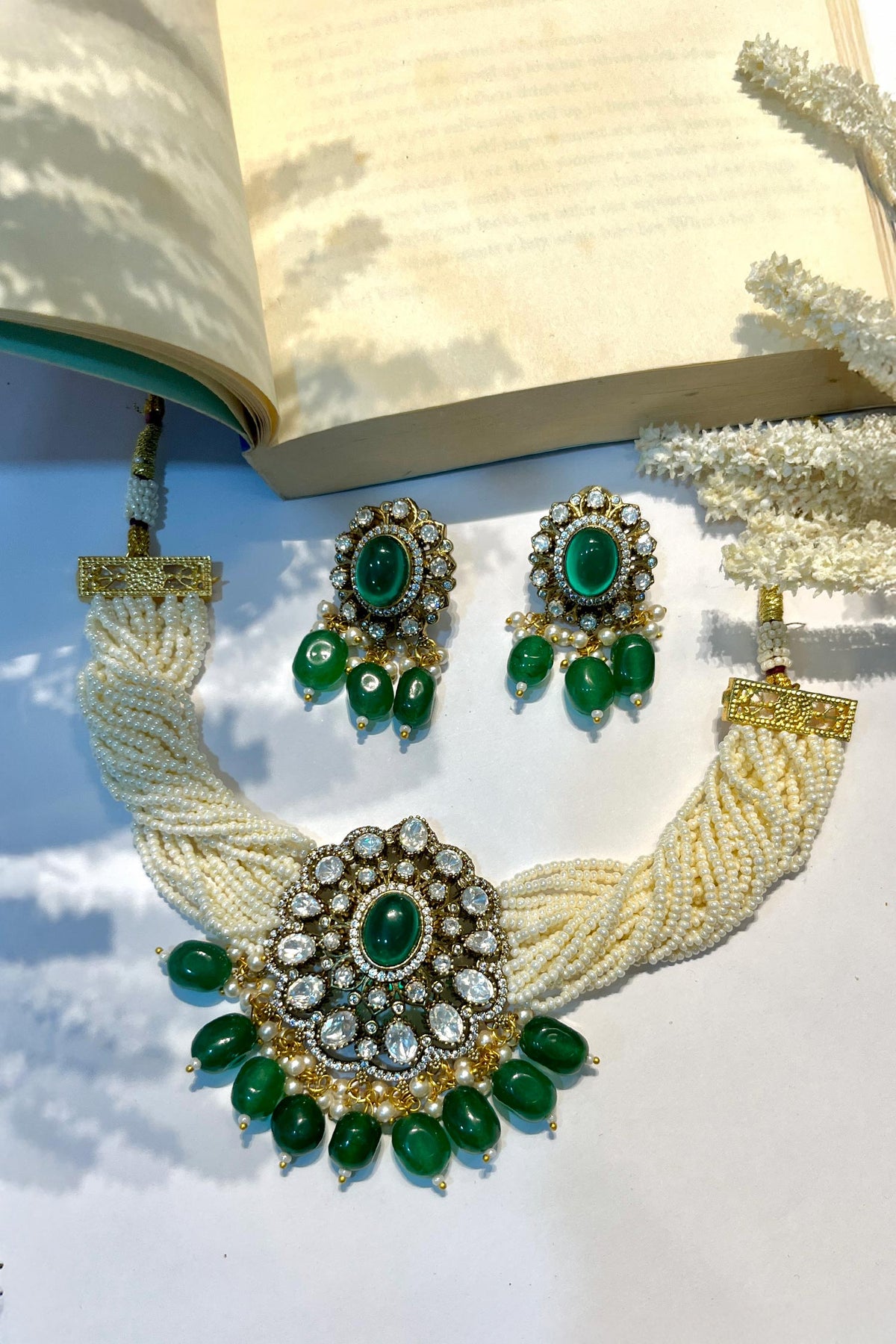 Stone Embellished Pearl Braid Choker Set 