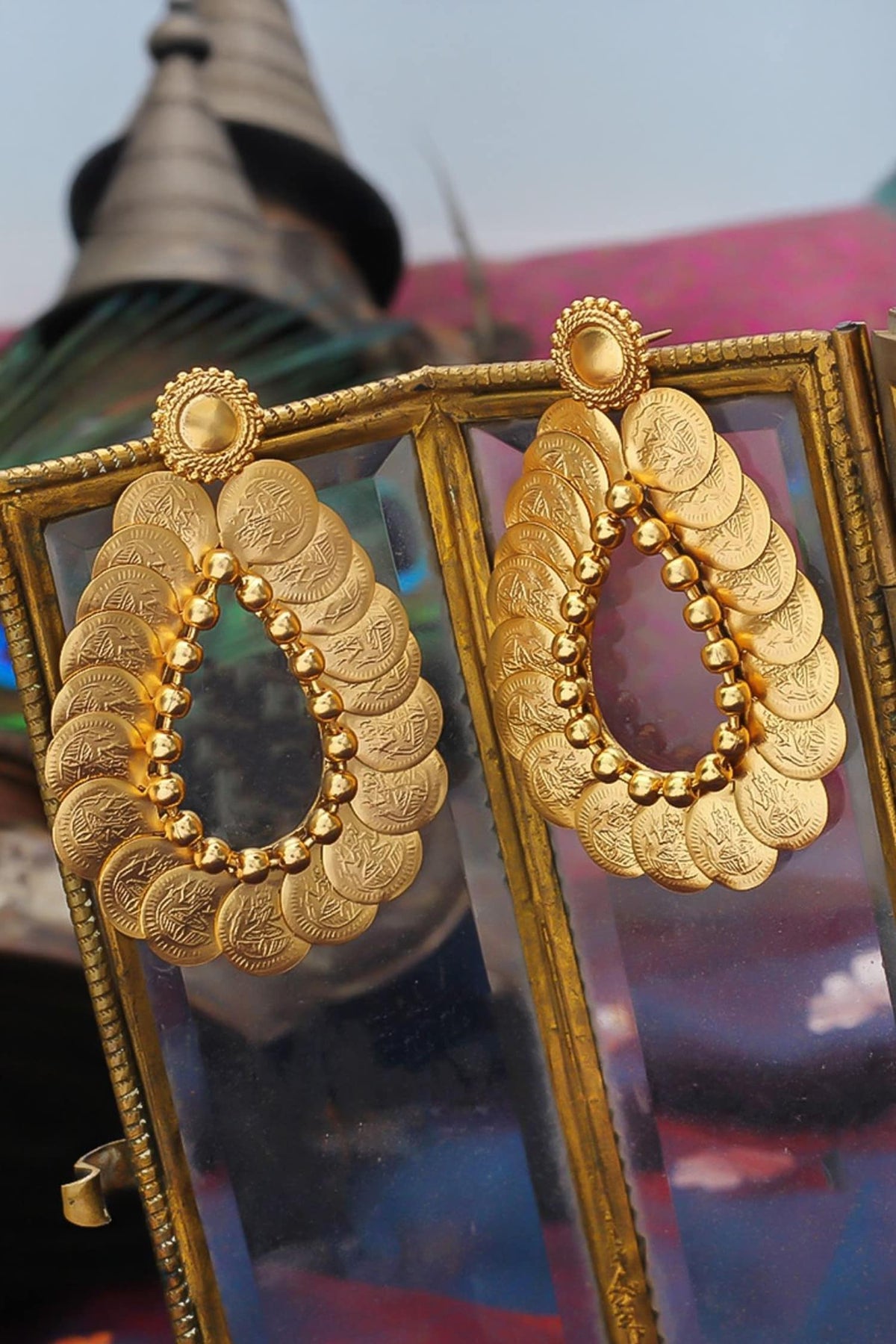 Embossed Coin Tear Drop Earrings 