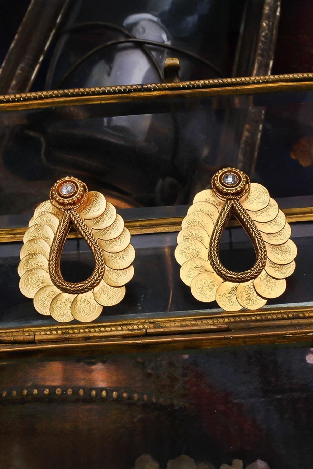 Embossed Coin Tear Drop Carved Earrings 