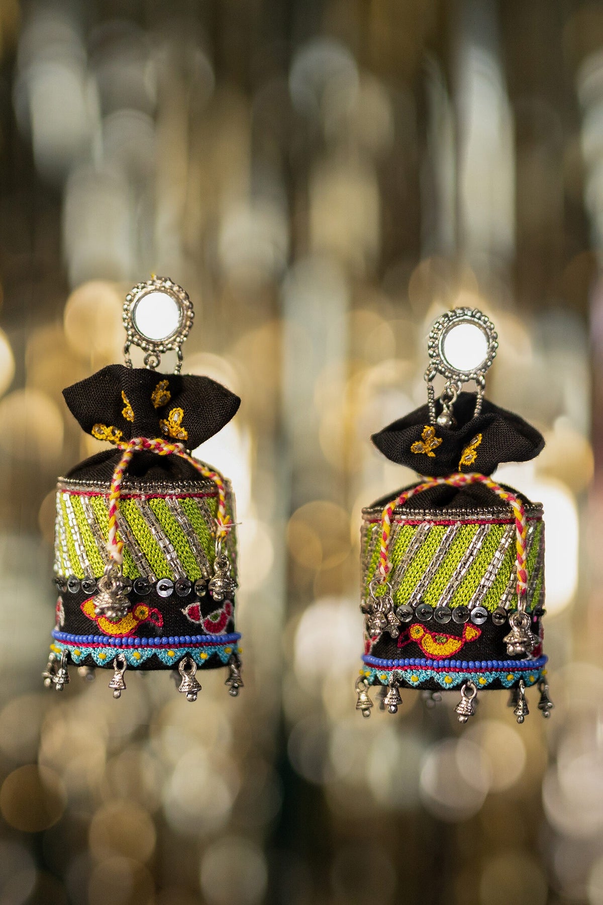Kaala Khatta Thread Embroidered Potli Jhumkas 