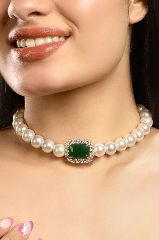 Shell Pearl & Emerald Stone Embellished Choker Necklace 