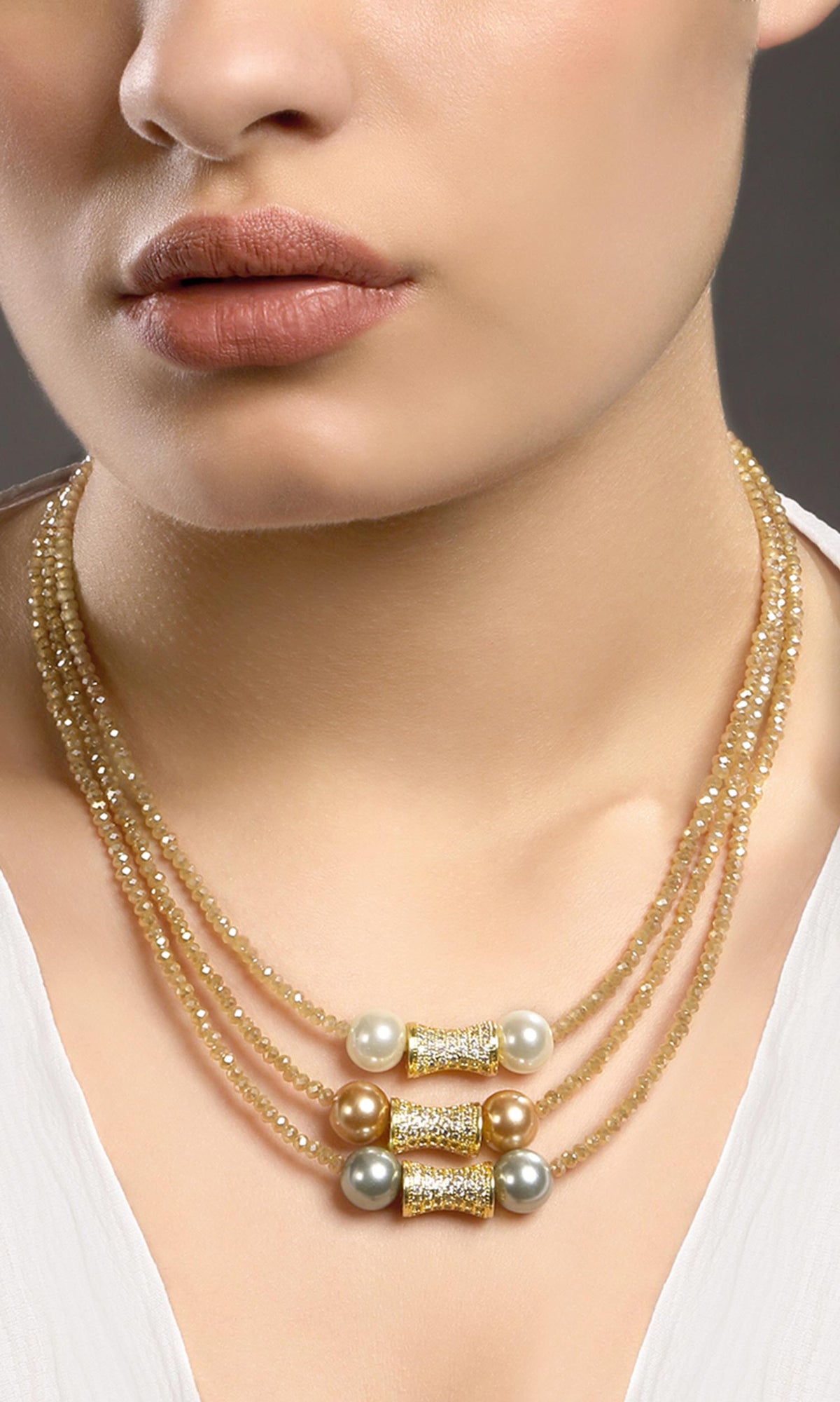 Shell Pearl Embellished Three Layered Necklace 