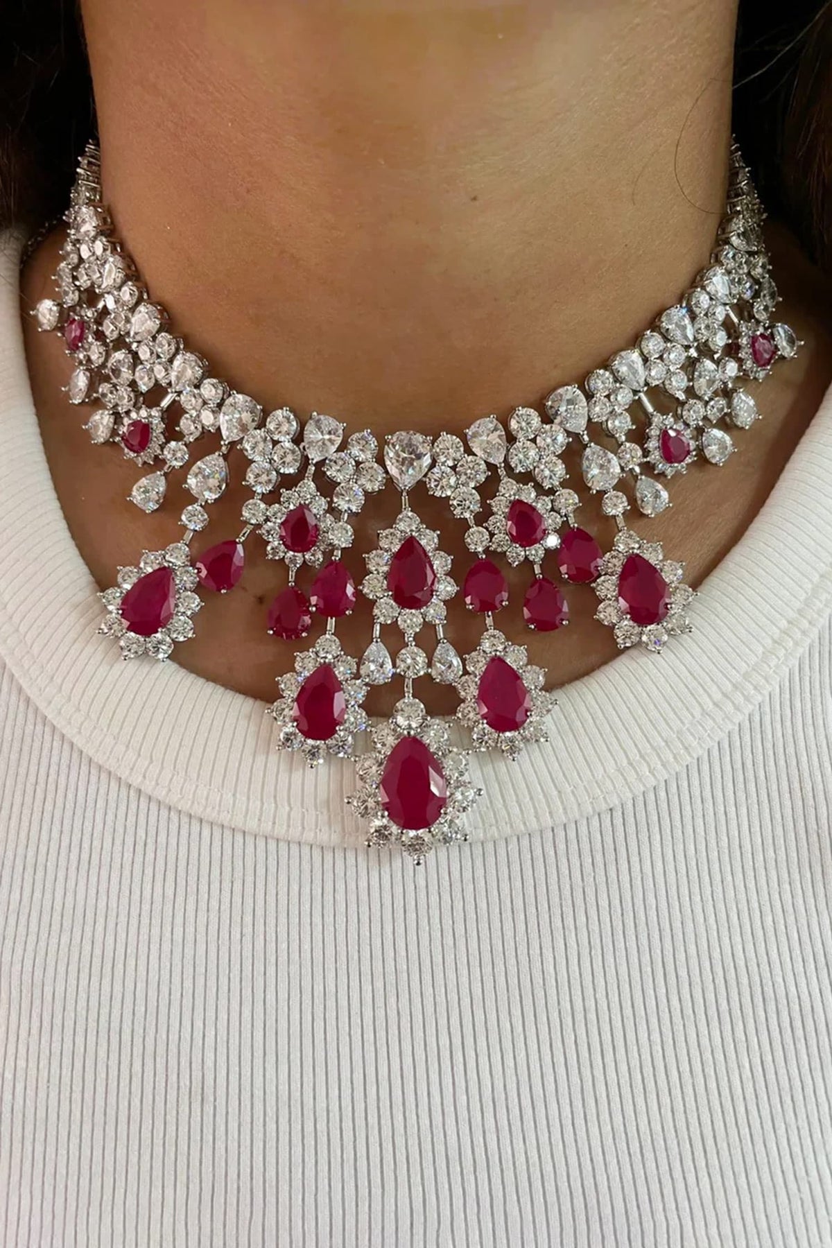 Rose Diamond Ruby Drop Necklace Set 