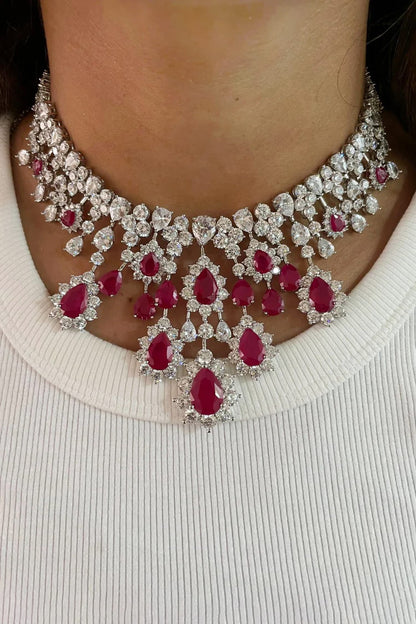 Rose Diamond Ruby Drop Necklace Set 