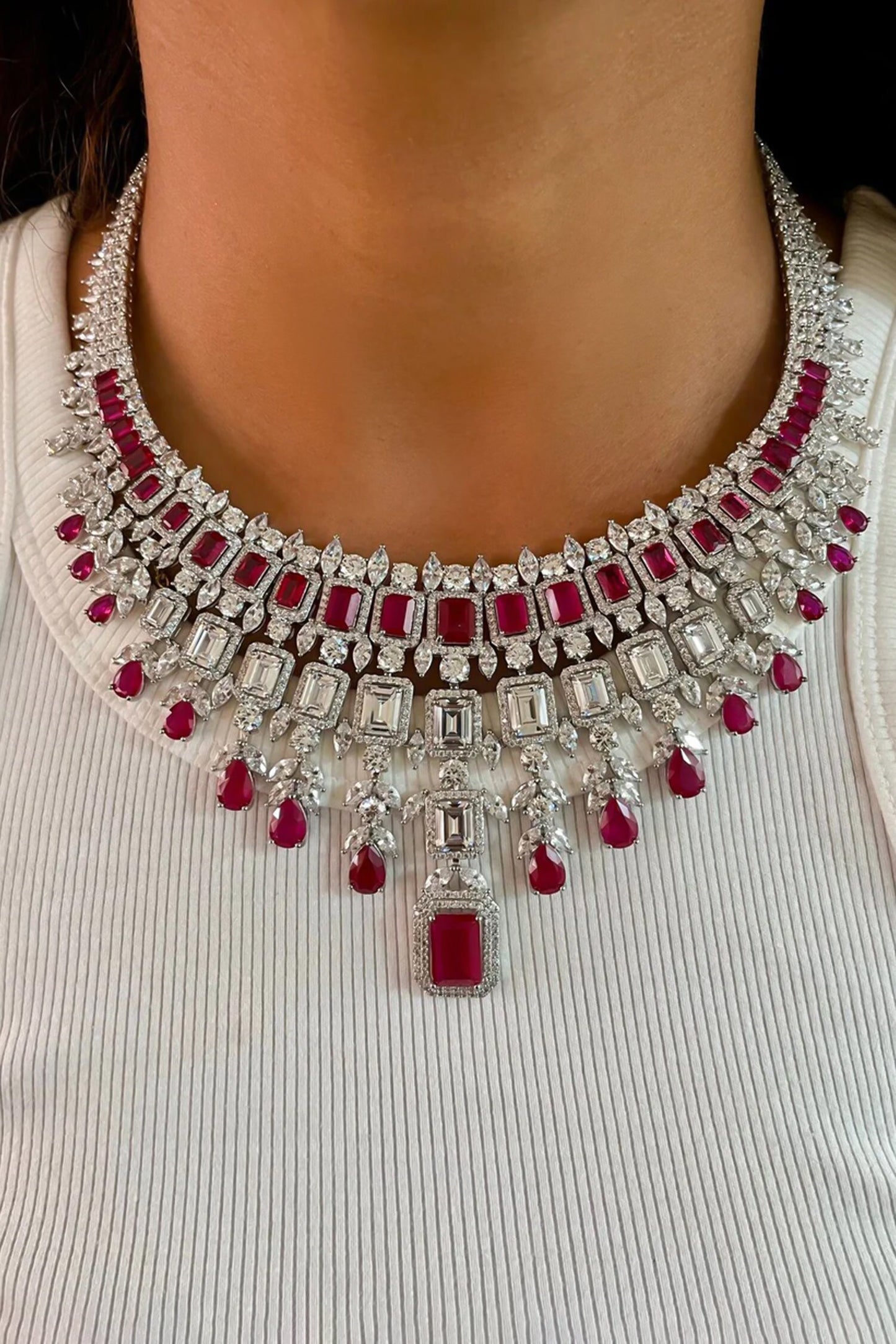 Baguette Diamond Embellished Necklace Set 