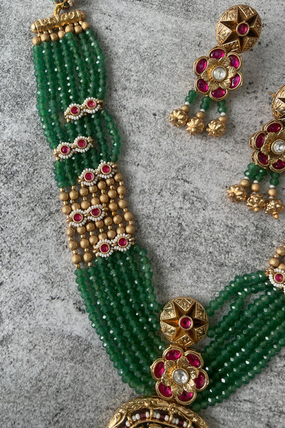 Stone Studded Bead Layered Temple Necklace Set 