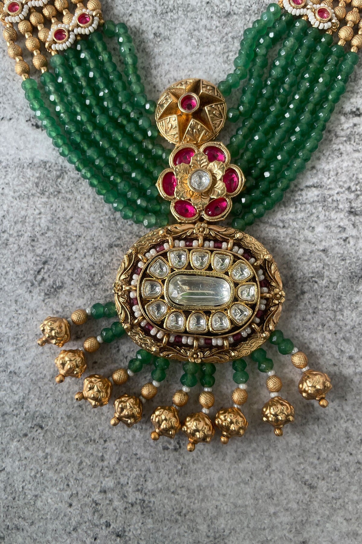 Stone Studded Bead Layered Temple Necklace Set 