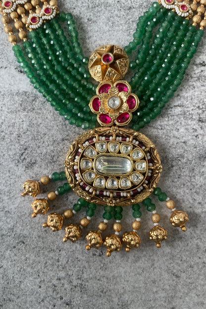 Stone Studded Bead Layered Temple Necklace Set 