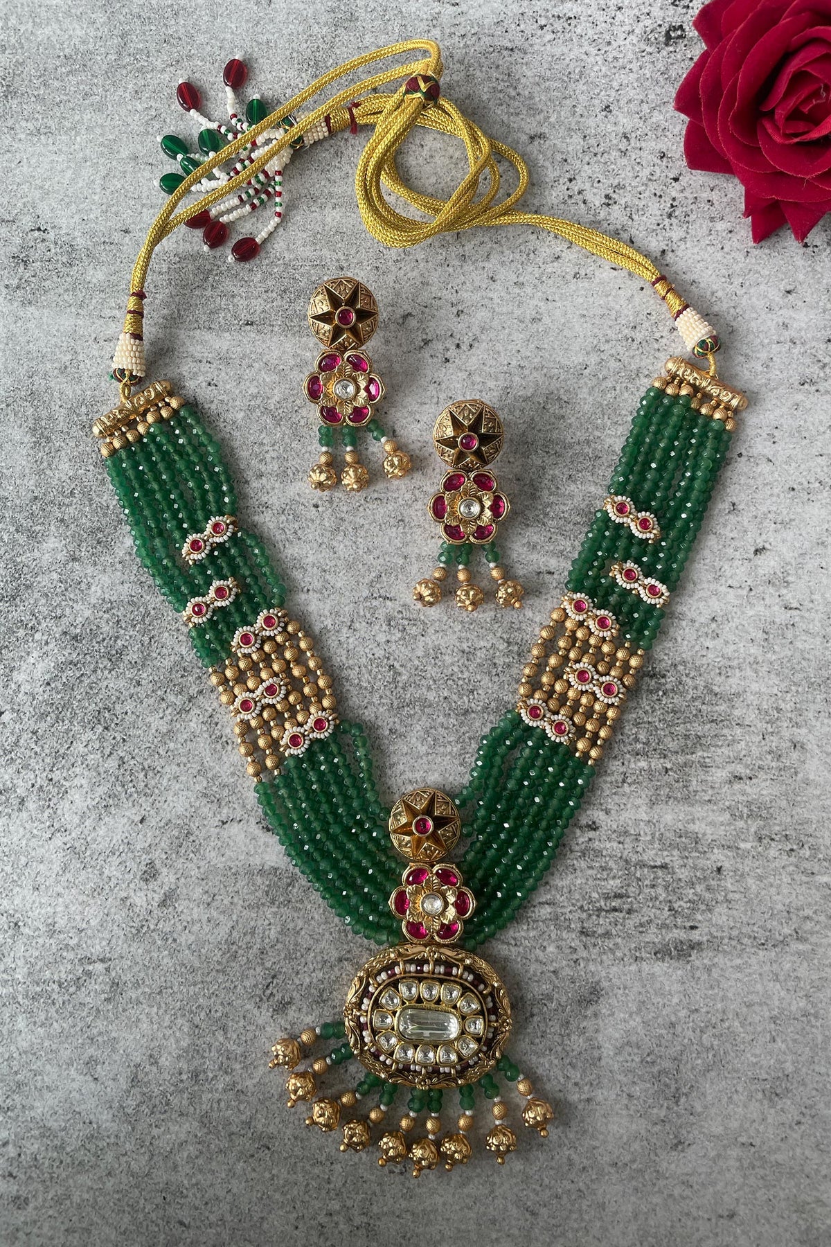 Stone Studded Bead Layered Temple Necklace Set 