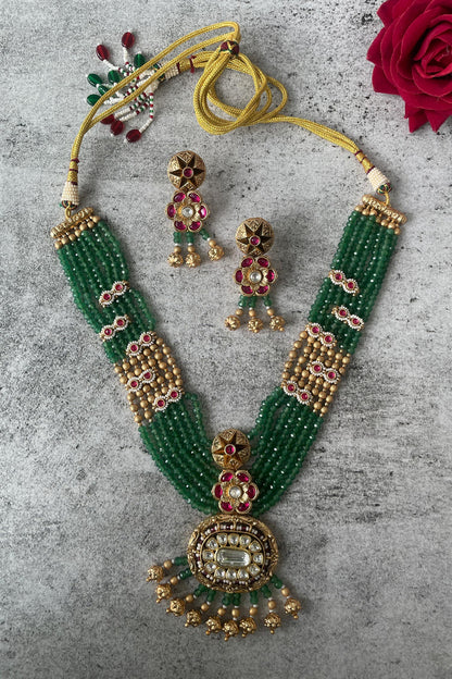 Stone Studded Bead Layered Temple Necklace Set 