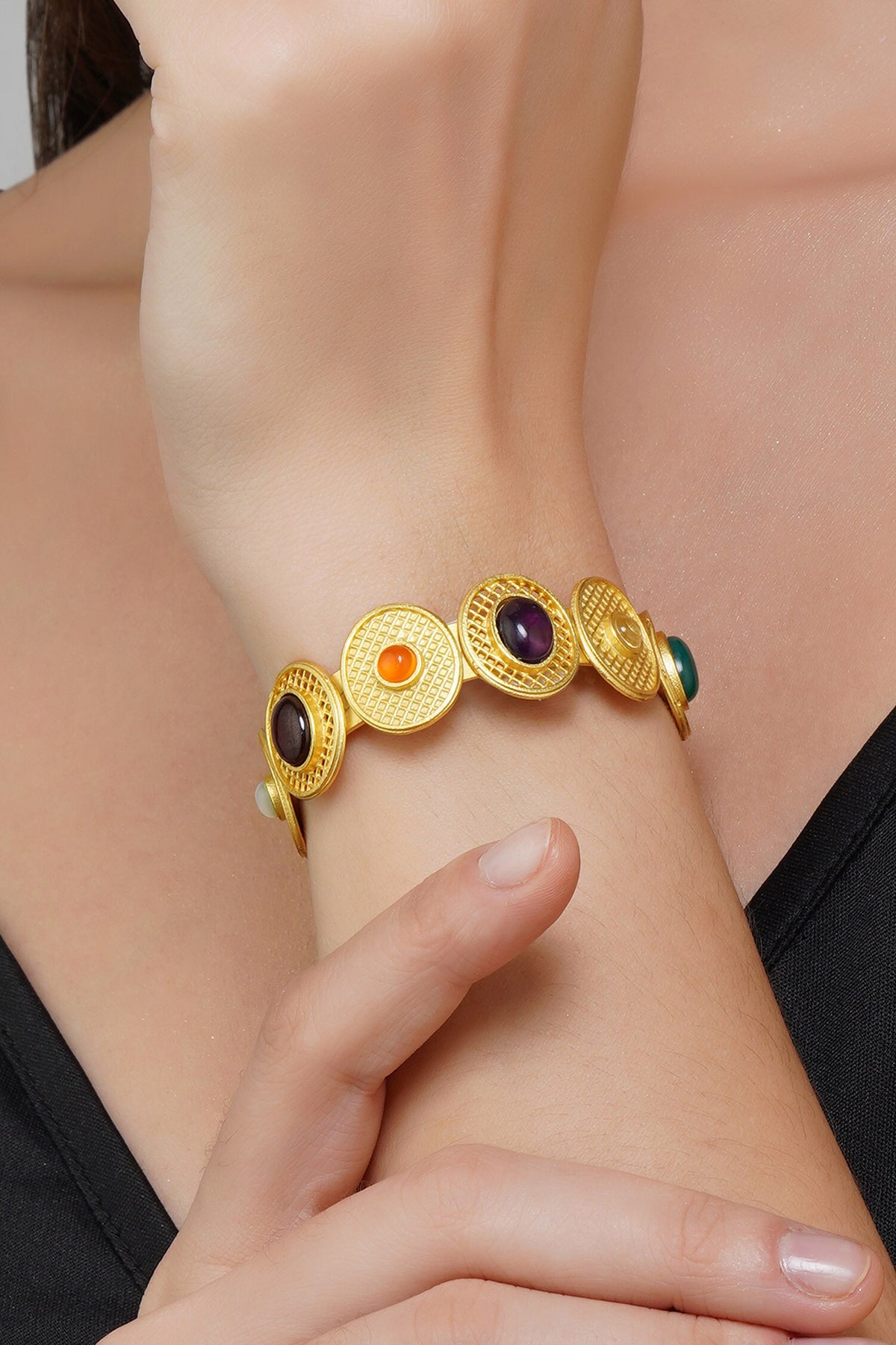 Navratan Stone Embellished Cuff Bracelet 