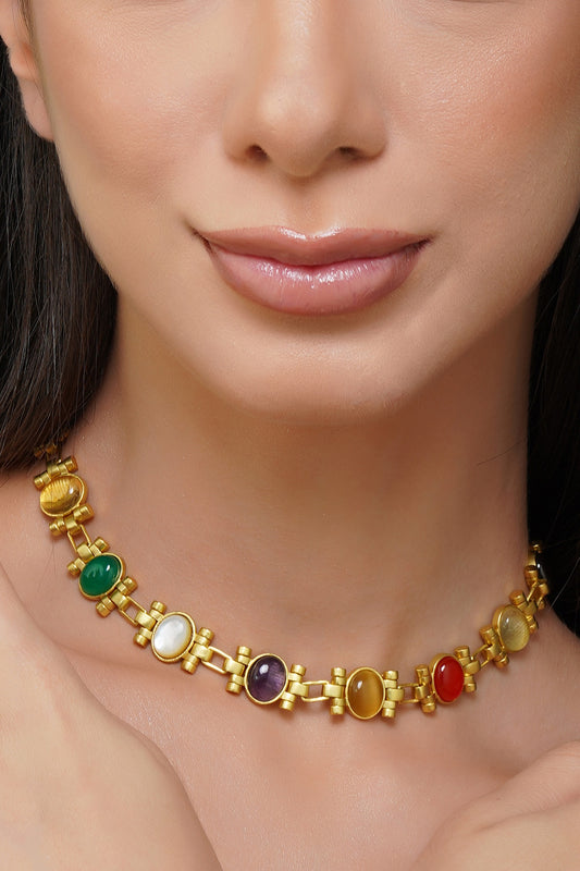 Power Moves Navratna Stone Studded Choker Necklace 