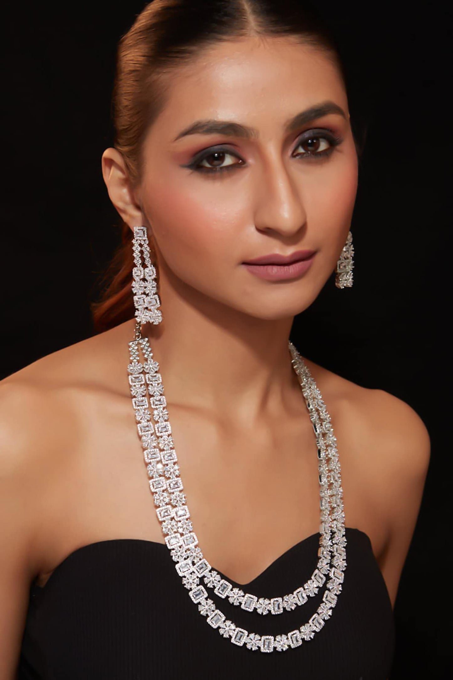 Zircon Studded Double Layered Necklace Set 