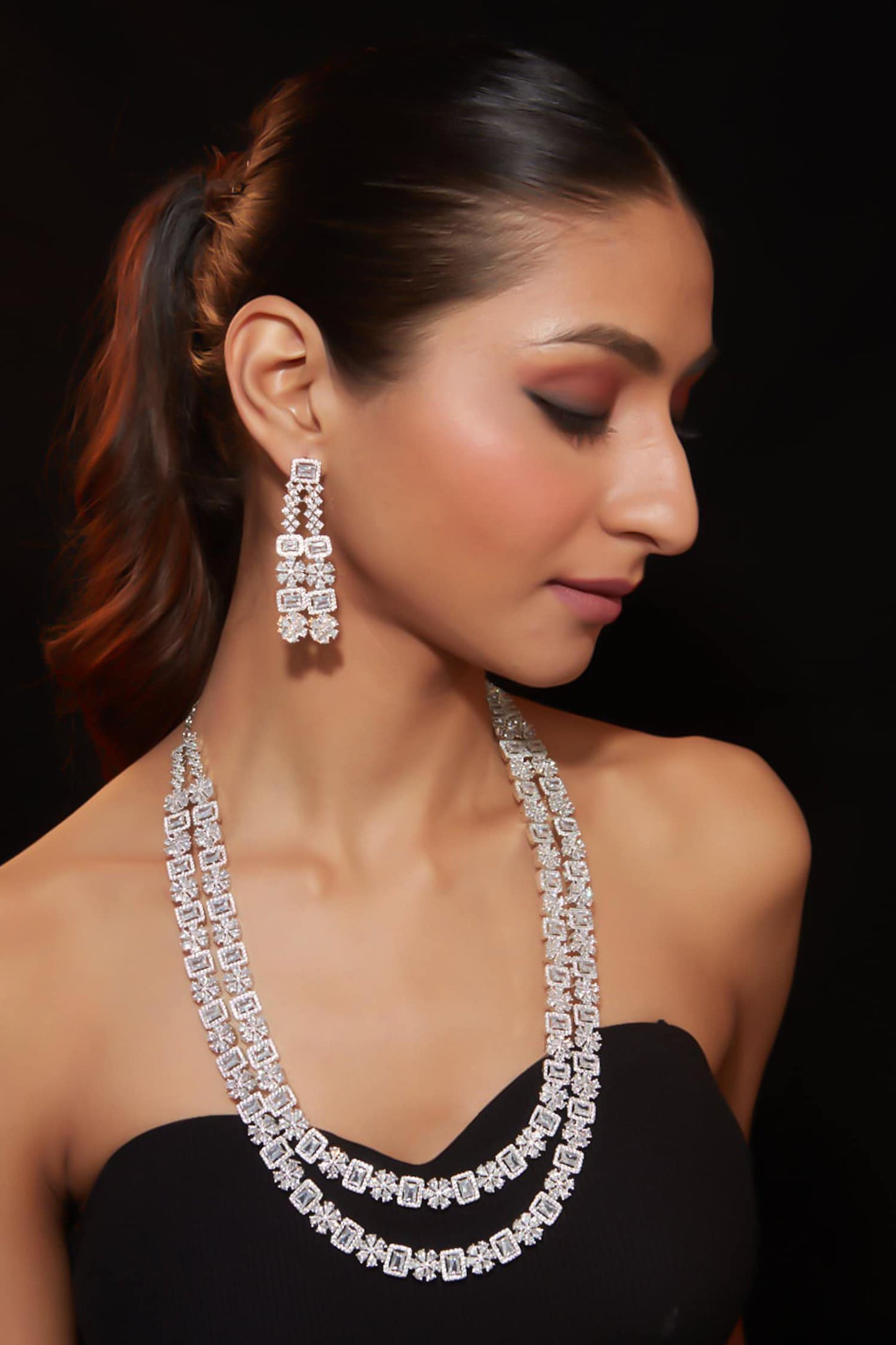 Zircon Studded Double Layered Necklace Set 