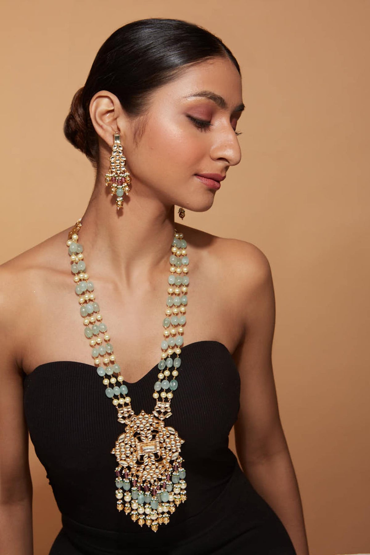 Floral Kundan Bead Long Necklace Set 